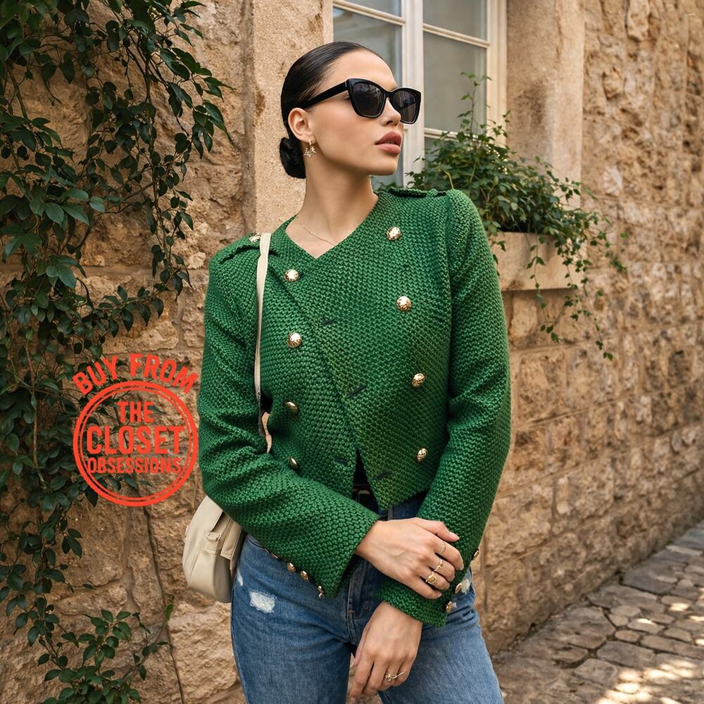 Zara Emerald Green Cropped Military Jacket Gold Button NWT - Picture 1 of 16
